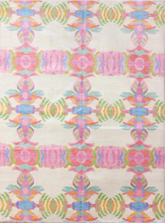 Modern Oushak Rug, Handmade Wool Area Rug, Pastel Pink Abstract Rug, Colorful Turkish Carpet, Contemporary Living Room Decor