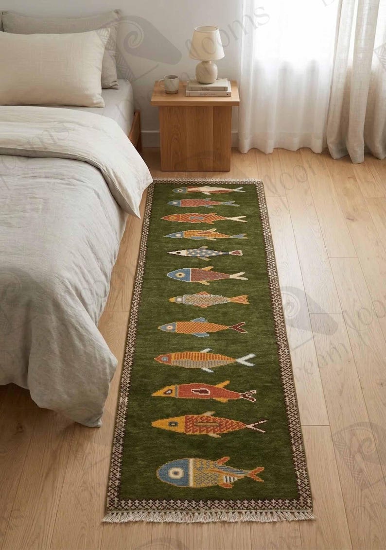 May include: A long, rectangular green rug with a repeating pattern of colorful fish. The fish designs feature various colors, including orange, red, and blue. The rug is placed on a wooden floor, and the edges have a decorative border.