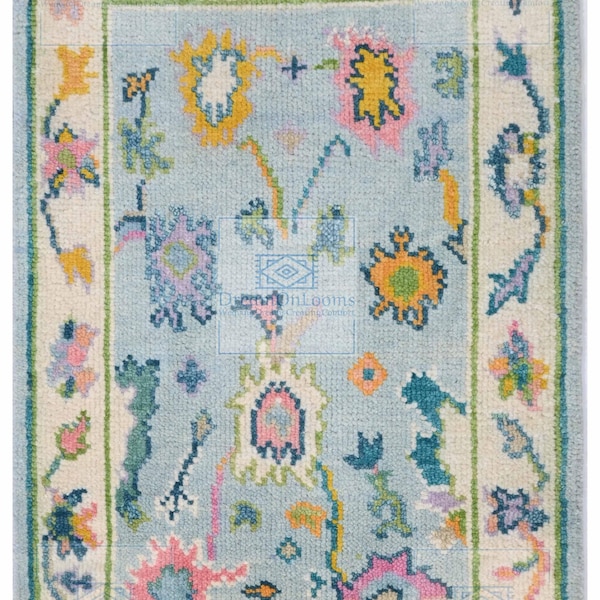 Hand Knotted Wool Oushak Rug, Blue Beige Floral Area Rug