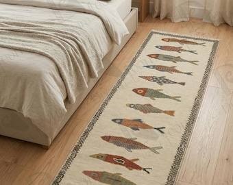 Handmade Ivory Fish Runner Rug, Hand Knotted Wool Coastal Hallway Runner, Nautical Fish Design Carpet, Custom Size Rug