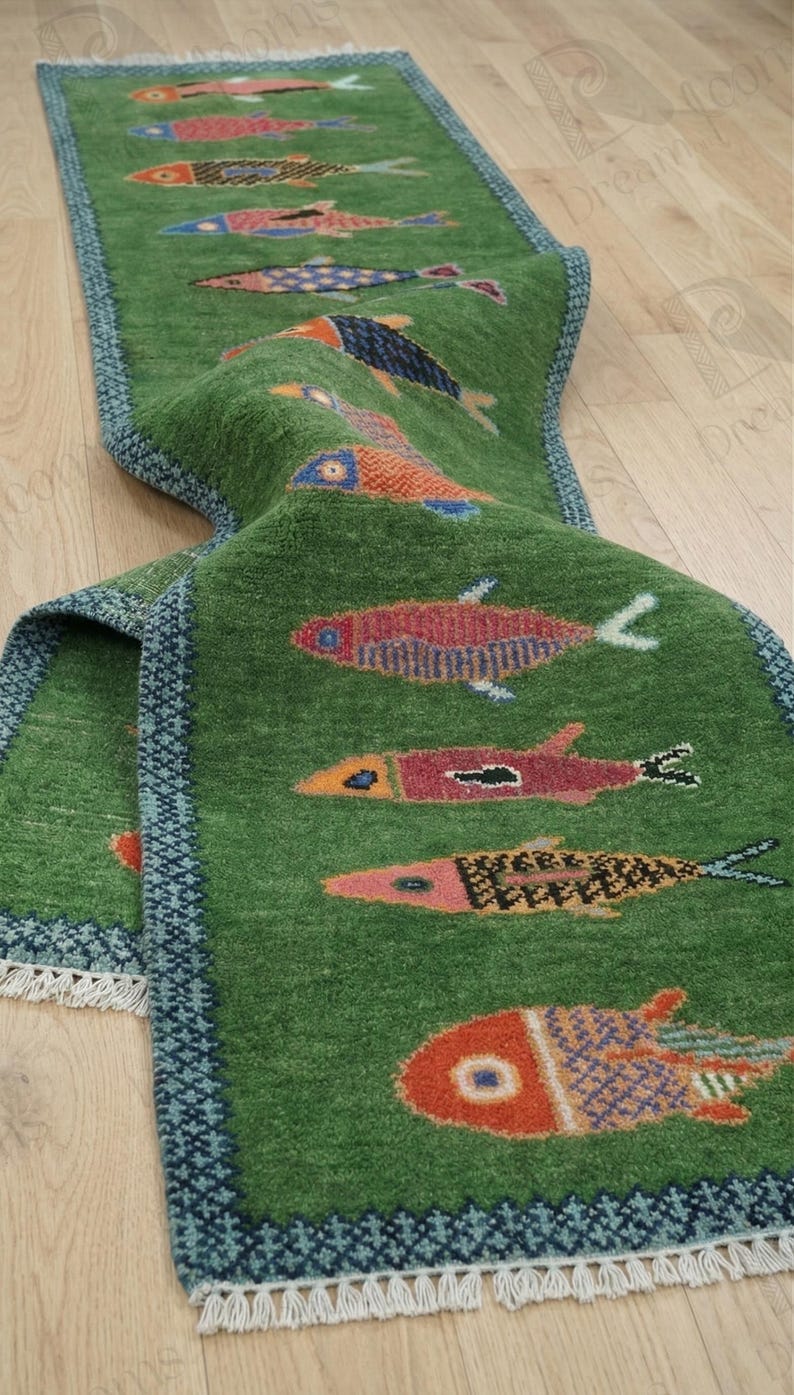 Handmade Green Fish Runner Rug, Hand Knotted Wool Coastal Hallway ...