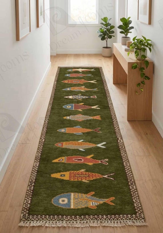 Handmade Fish Runner Rug, Hand Knotted Wool Coastal Hallway Runner, Nautical Fish Design Rug, Green Runner Carpet, Custom Size Rug