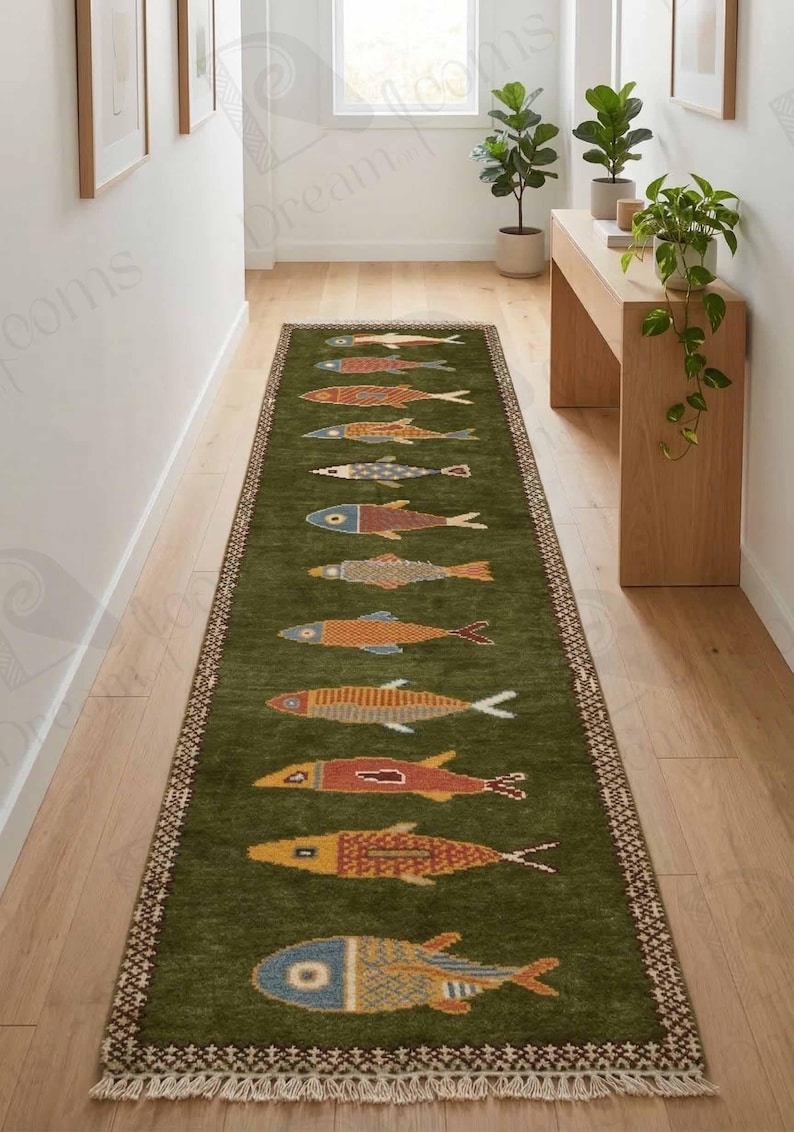 **Alt Text (SEO friendly):**

Handmade hand-knotted wool fish runner rug with colorful fish motifs on a deep green background and decorative border, coastal nautical hallway runner carpet with fringe. 🐟