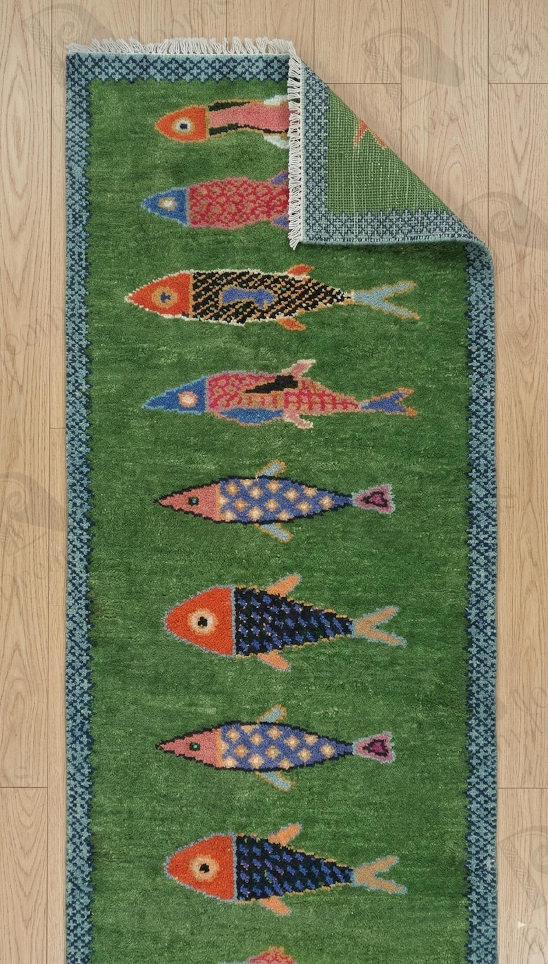 Handmade Green Fish Runner Rug, Hand Knotted Wool Coastal Hallway ...