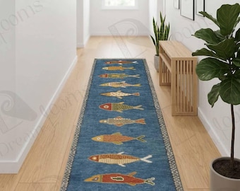Handmade Fish Runner Rug, Hand Knotted Wool Coastal Hallway Runner, Nautical Fish Design Blue Runner Carpet, Custom Size Rug
