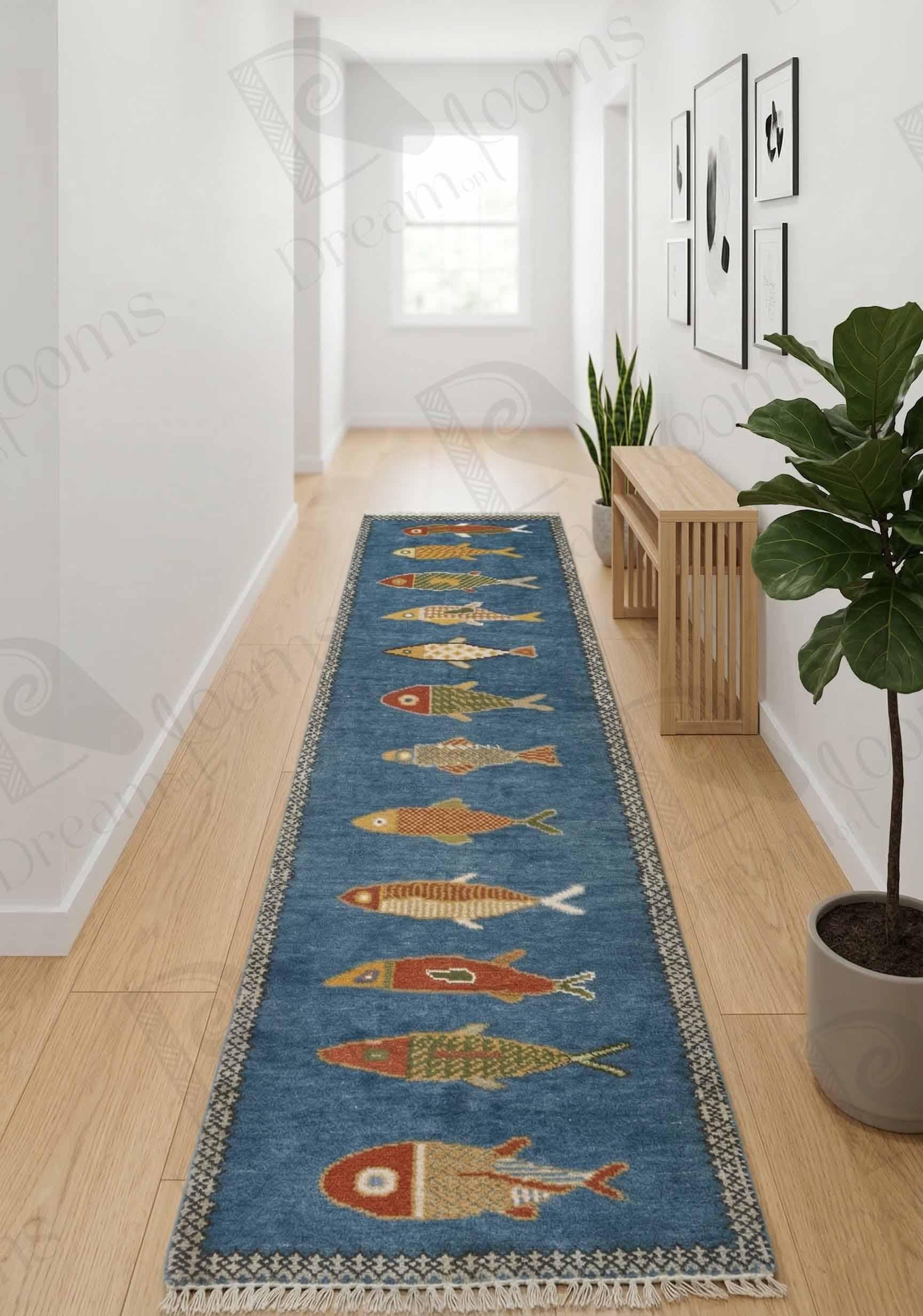 Handmade Fish Runner Rug, Hand Knotted Wool Coastal Hallway Runner ...