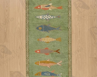 Handmade Sage Green Fish Runner Rug, Hand Knotted Wool Coastal Hallway Runner, Nautical Fish Design Custom Size Rug