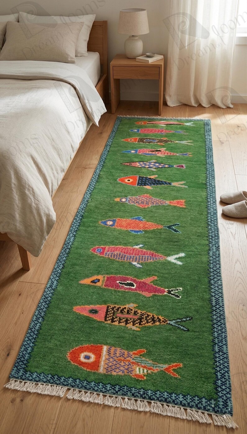 Handmade Green Fish Runner Rug, Hand Knotted Wool Coastal Hallway ...