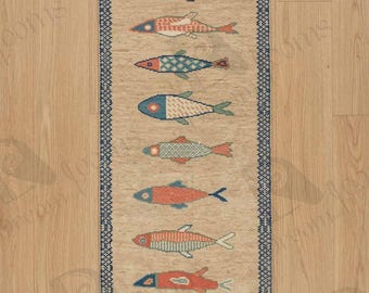 Handmade Fish Runner Rug – Hand Knotted Wool Hallway Runner, Nautical Fish Design Rug, Coastal Runner Rug, Custom Size Handmade Rug