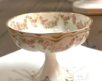 Antique Haviland Limoges  | Schleiger 57C | Pink Rose Garland Gold Trim | French Porcelain Raised Footed Compote Petite Gold Pedestal Bonbon