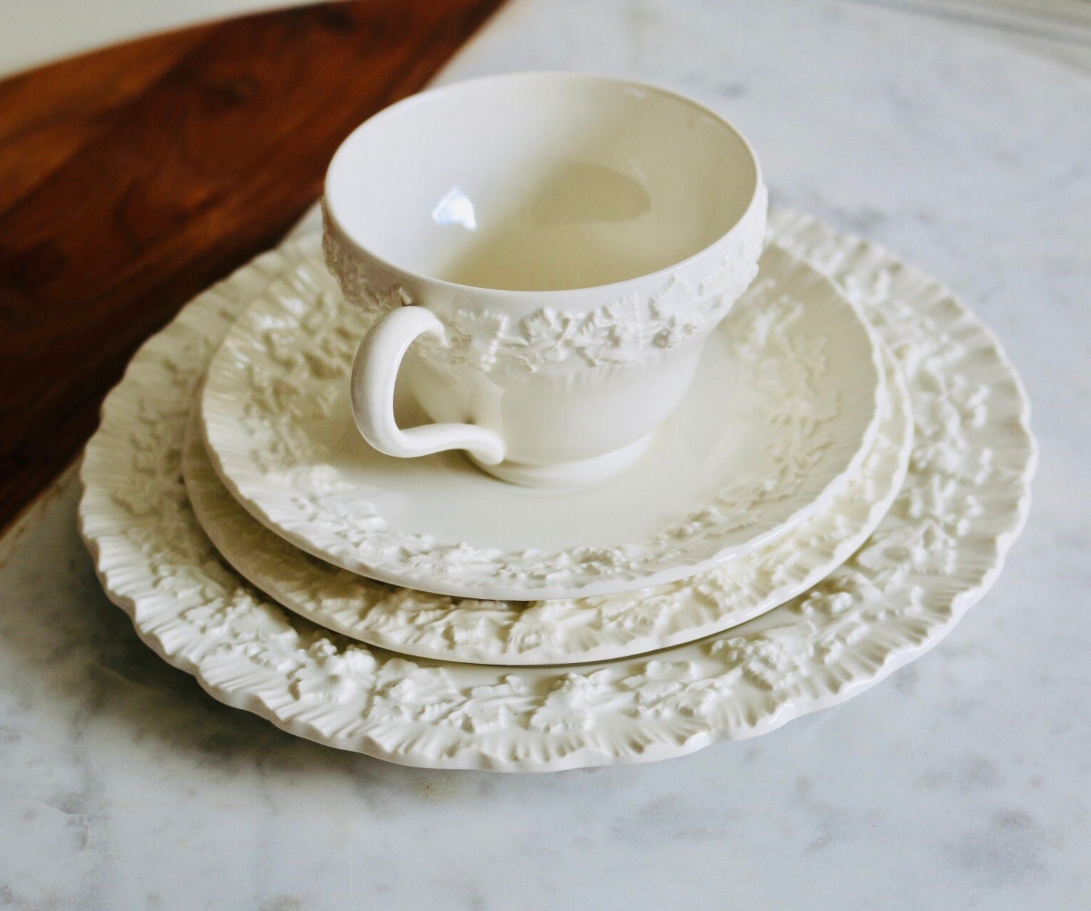 Queensware Cookware Wedgwood Queensware Embossed Floral Cream Color Cup Saucer Bread Dish ...