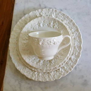 Wedgwood Queensware Embossed Floral Cream Color Cup Saucer Bread Dish Salad Dish