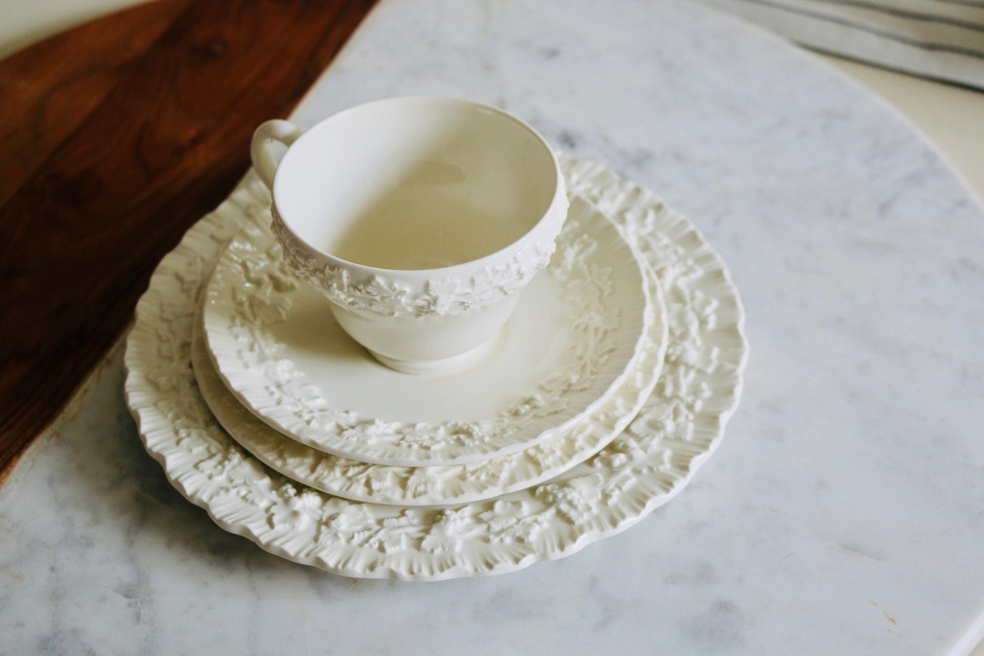 Queensware Cookware Wedgwood Queensware Embossed Floral Cream Color Cup Saucer Bread Dish ...