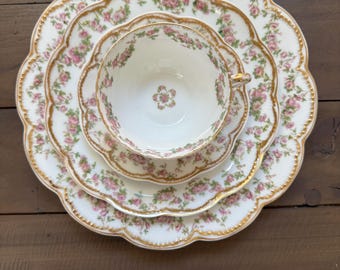 Antique Haviland Limoges The Princess China Set | Schleiger 57C | Pink Rose Garland Gold Trim | French Porcelain Collection