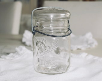 Vintage Ball Ideal Glass Canning Jar Glass Lid Wire Bail Pint