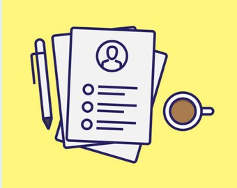 May include: A stack of white papers with a blue outline, a pen, and a cup of coffee. The papers have a person icon and a list of bullet points.