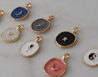 Valentine Heart necklace, Moon Star Pink U Necklace Her Necklace 18K Gold Color Coin Necklace Heart Shape Round Pendant Gold Chain Necklace