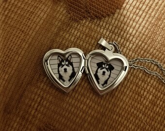 Silver Heart Locket Necklace, Personalized Gift Necklace Custom Engraved Dog Cat Pet Family Photo Necklace, Memorial Gift Her Him Minimalist