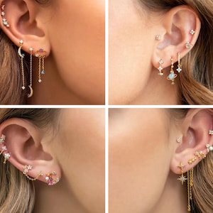 Gold Piercing Earring, Earring Set, Cute Stud Earrings, Hoop Piercing, Cartilage Piercing, Moon Cloud Star, Girl Helix Red Amethyst Earrings