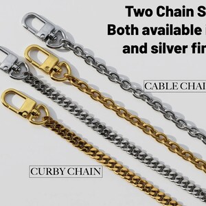 three different types of chain style closures, each with a unique color and finish, including gold, silver, and curby chain.