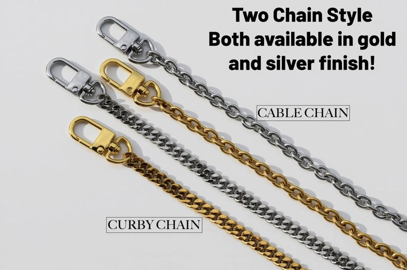 three different types of chain style closures, each with a unique color and finish, including gold, silver, and curby chain.