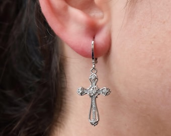 Cross Charm Earrings Sterling Silver Dangle Drop Cross Earrings Crystal Charm Jewelry Gift for Mom Elegant Minimalist Design Hoop Earrings