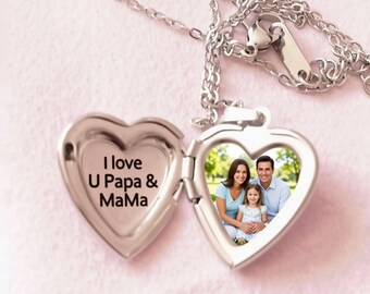 Silver Heart Locket, Heart Locket with Photo, Family Locket Pendant Necklace, Custom Engraved Heart Love Personalized Gift Her Mom Necklace