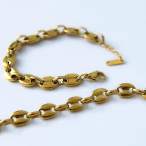 Gold Coffee Bean Bracelet Set, Women Men Thick Strong Stainless Steel Jewelry Link Choker Bracelet Set Gift Waterproof Necklace Anklet Set