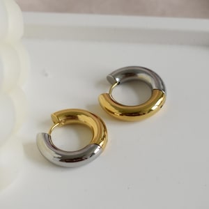 Gold Silver Two Tone Hoop Earrings Thick Everyday Chunky Hoops Waterproof Stainless Her Earring Minimalist Daily Hoops, Gift for Her earring