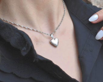 Silver Heart Locket Necklace, Personalized Gift Necklace, Custom Engraved Stainless Steel, Photo Necklace, Memorial Gift Her Him Minimalist