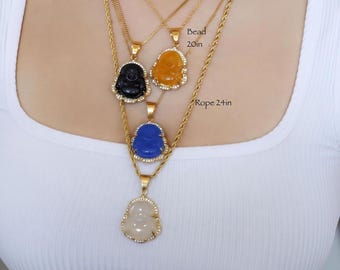 Jade Buddha Necklace, Buddha Colorful Necklace, Gold Crystal Zircon Diamonds  Emerald Topaz Turquoise Black Sapphire Pink White Blue Jewelry