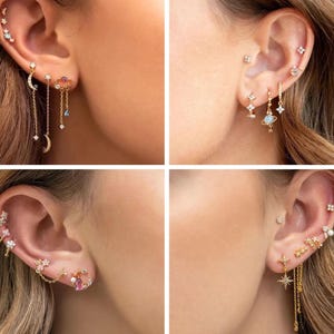 Gold Piercing Earring, Earring Set, Cute Stud Earrings, Hoop Piercing, Cartilage Piercing, Moon Cloud Star, Girl Helix Red Amethyst Earrings