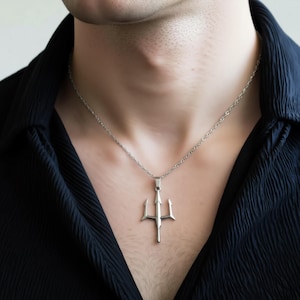 Silver Trident Men Chain Necklace Pitchfork Poseidon's Trident Pendant Necklace Silver Chain Women Gift Pitchfork Dad WATERPROOF Jewelry