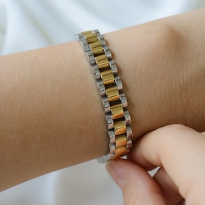 18K Gold Silver Watch Band, Two Tone Bracelet Dad Father Men Mens Mom Mother Women Solid Mesh Bracelet Gift Lover Her Him Custom Handmade