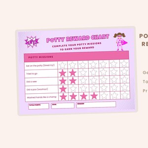 May include: A pink and white potty reward chart for ages 2-5, featuring a superhero girl illustration. The chart includes sections for potty missions like "Sat on the potty" and "Washed hands like a champ", with space for stars. Text on the chart reads "Potty Training Reward Chart".