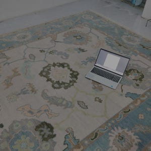 9x12 Oushak Rug: Hand Knotted Wool Carpet, Blue & Beige
