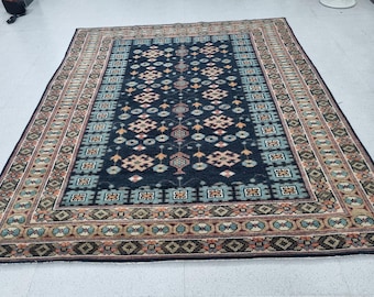 Marineblauw Oushak-tapijt, handgeknoopt wollen geometrisch Turks tapijt, traditioneel randontwerp voor woonkamer, eetkamer of kantoorinrichting