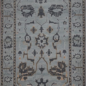 9x12 Blue Oushak Rug: Hand-Knotted Wool Vintage Turkish Area Rug