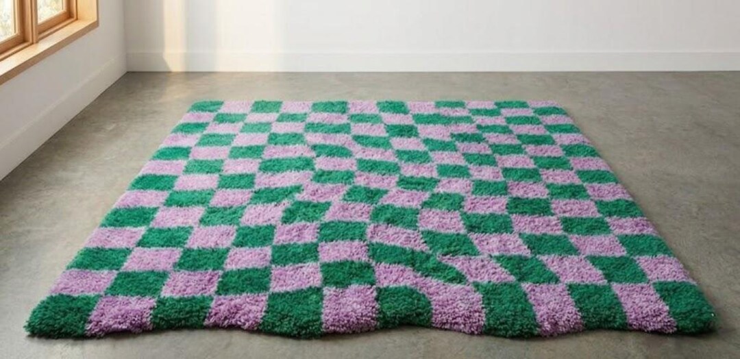 Hand Tufted New Zealand Wool Checkerboard Rug – Green Purple Shag Floor ...