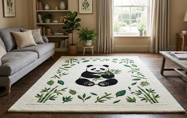 Panda Rug Tufting Cute Panda Hand Tufted Wool Rug With Bamboo Border Design Cream and ...