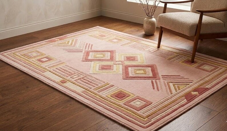 Hand Tufted Wool Rug Pink Geometric Area Rug Modern Art Deco Decor ...