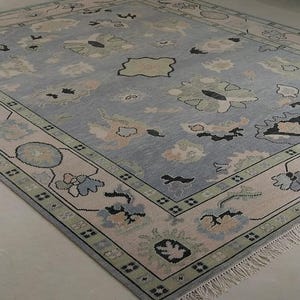 Hand Knotted Oushak Rug: 9x12 Blue Beige Wool Turkish Rug