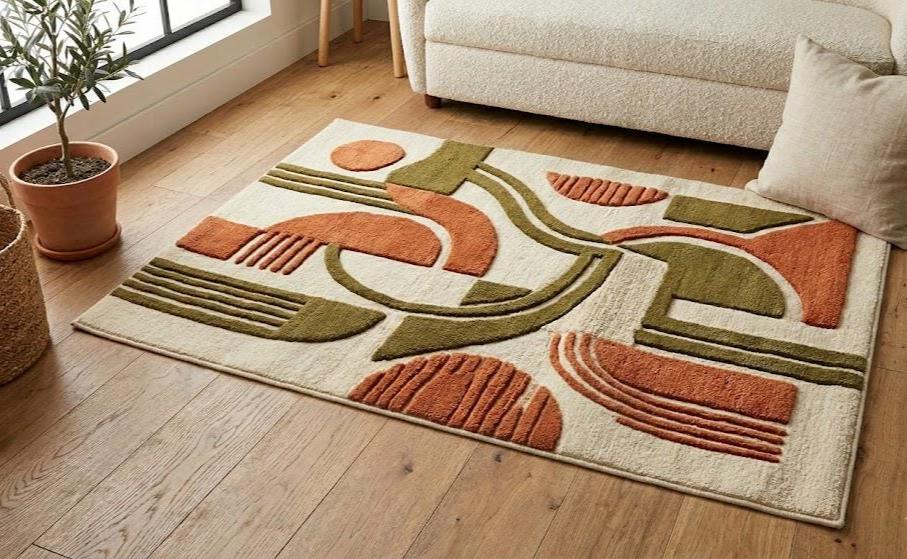 Abstract Hand Tufted Rug Mid Century Modern Area Rug Terracotta Green ...