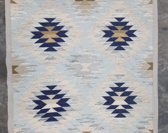 Handwoven Kilim Rug: Navy Blue Tribal Geometric Carpet