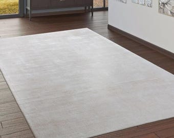 Hand-Knotted Ivory Wool Rug: Vintage Living Room Carpet, Neutral Modern Area Rug