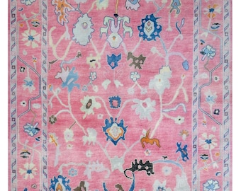Pink Oushak Rug | Hand Knotted Wool Turkish Carpet | Colorful Floral Pink Blue Yellow Oriental Area Rug for Living Room Bedroom Decor