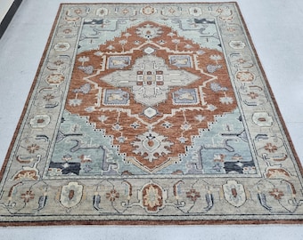 Hand Knotted Oushak Rug, Vintage Turkish Wool Carpet, Rust Blue Medallion Area Rug