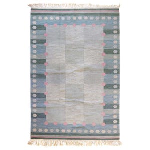 Swedish Kilim Rug Scandinavian Pastel Flatweave Carpet Handwoven Geometric Area Carpet Vintage Nordic Rug  Handmade Wool Living Room Rug