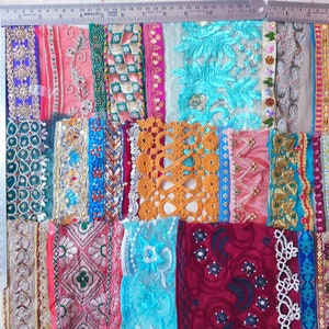 RARE lot Antique Vintage Sari Trim Lace Ribbon 25 Pc SEQUINs Embroidered Art Craft Scrapbook Borders India Journal C378 A25