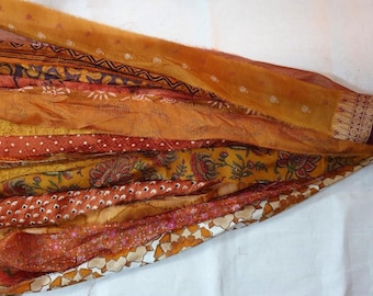 ABB 21 yards Unstitched Pure Silk Sari Ribbon Yarn tassel Skiens Skein Brown Shade Journal Scrapbook Craft Project strips India DS629